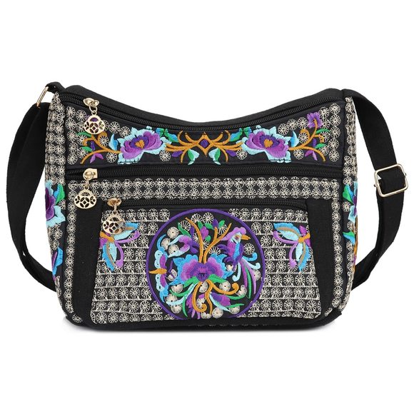 Embroidered Canvas 3 Zip Small Crossbody Bag Cell Phone Purse Shoulder Wallet : - Picture 1 of 6
